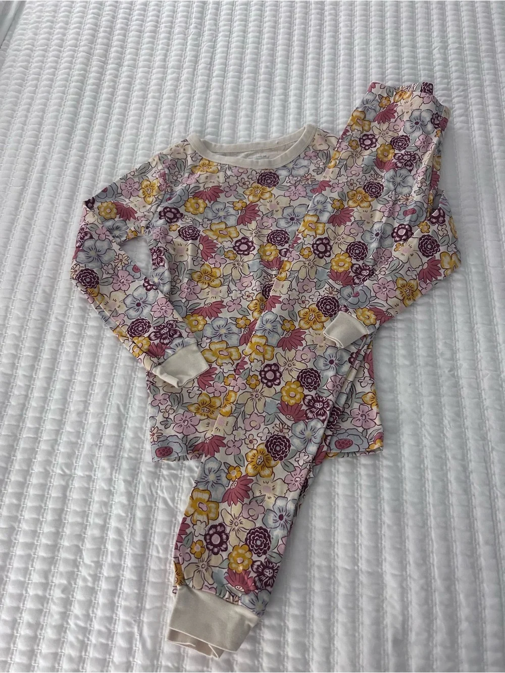 Kids Floral Pajama Set - Cream with Pink, Yellow & Purple Flowers. Size 8